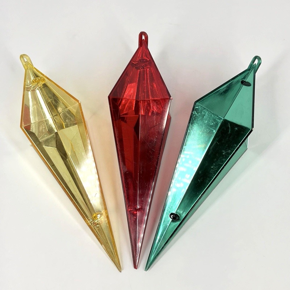 Vintage Geometric Diamond Shape Plastic Tree Ornaments 3 Pc Red Green Gold 3"